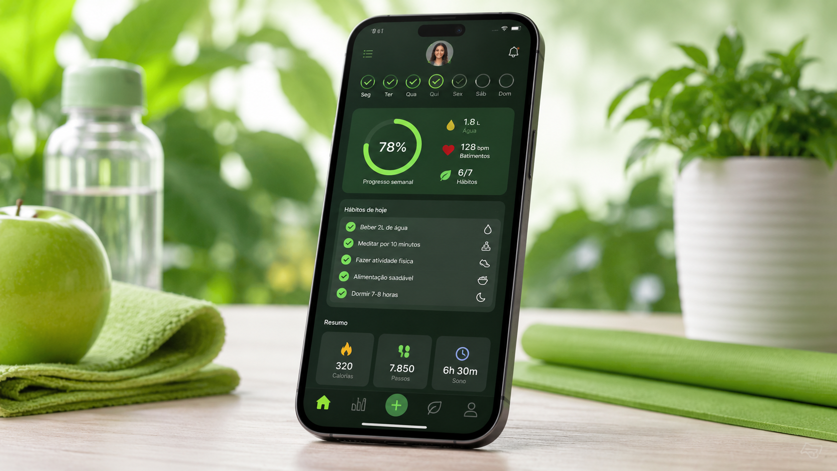 Tela do aplicativo Ritmo Novo em um celular, mostrando progresso semanal, hábitos do dia e resumo de calorias, passos e sono