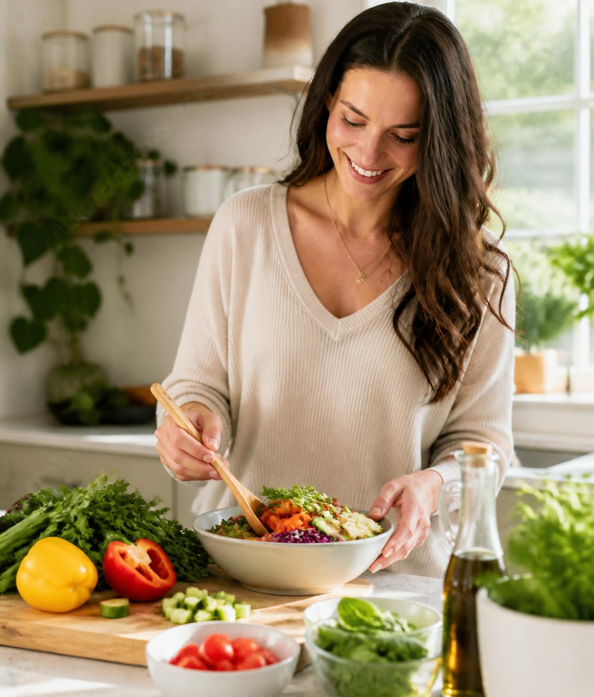 Mulher sorrindo enquanto prepara uma refeição saudável e colorida na cozinha
