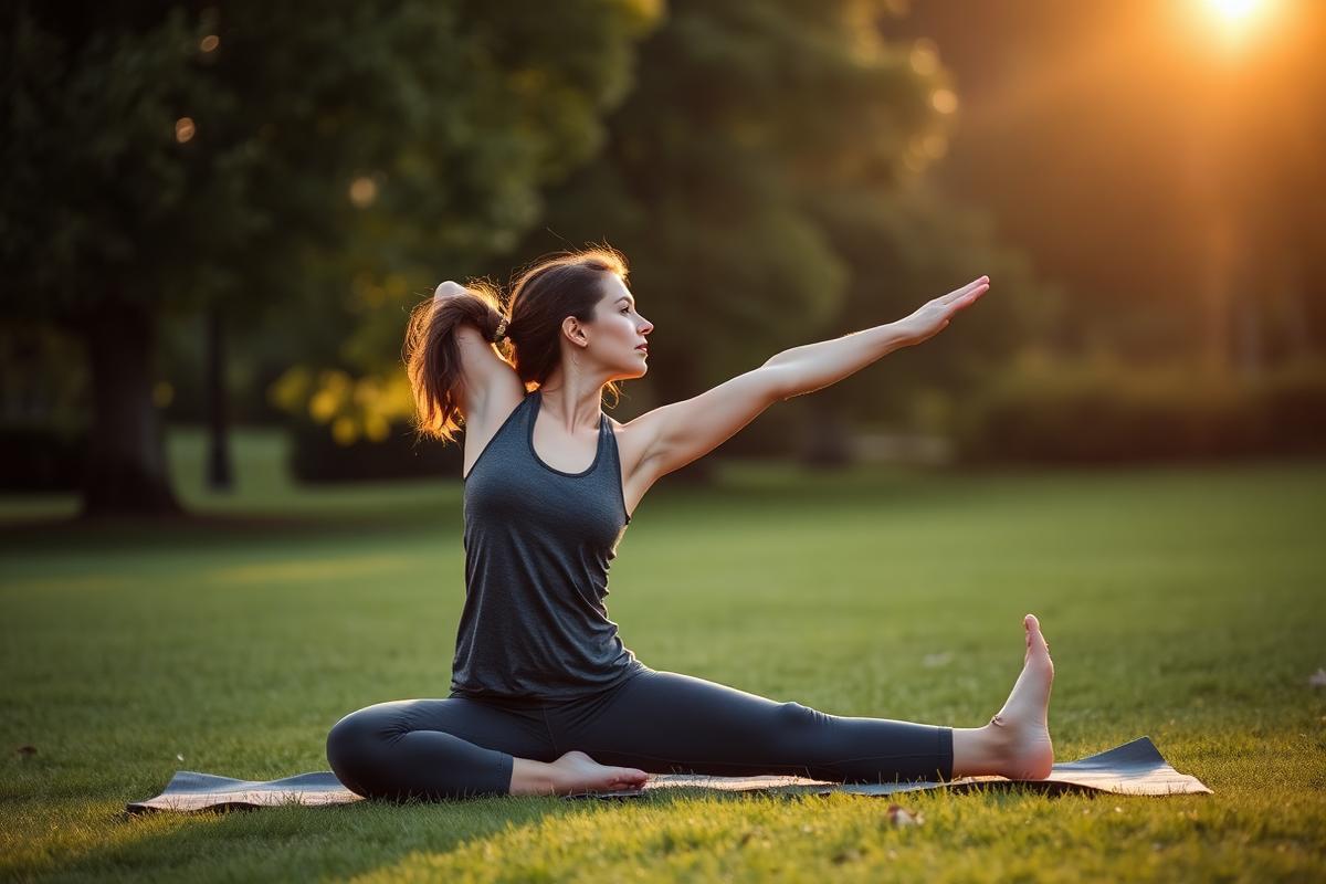 Mulher se alongando ao ar livre em um parque ao amanhecer